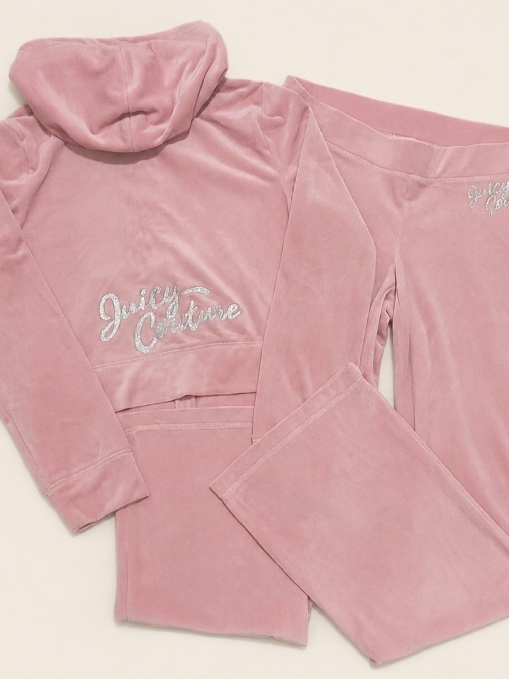 Juicy Couture Rose Velour Glitter Logo Zip Up Hoodie & Pants Set - M